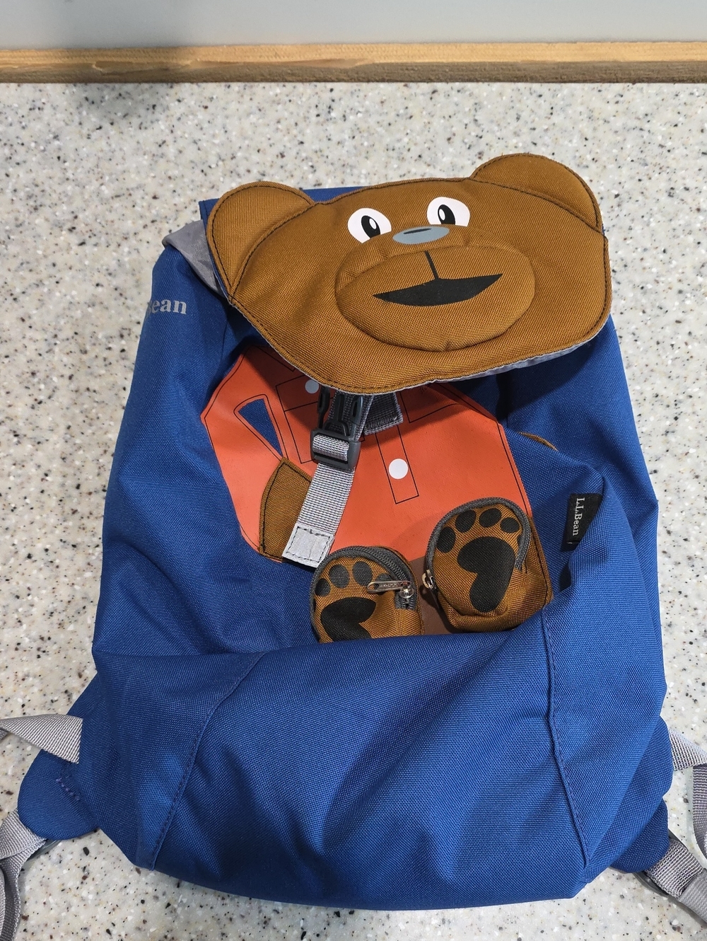 L.L. Bean Blue Kids Bear Flap Backpack with Brown Bear Face